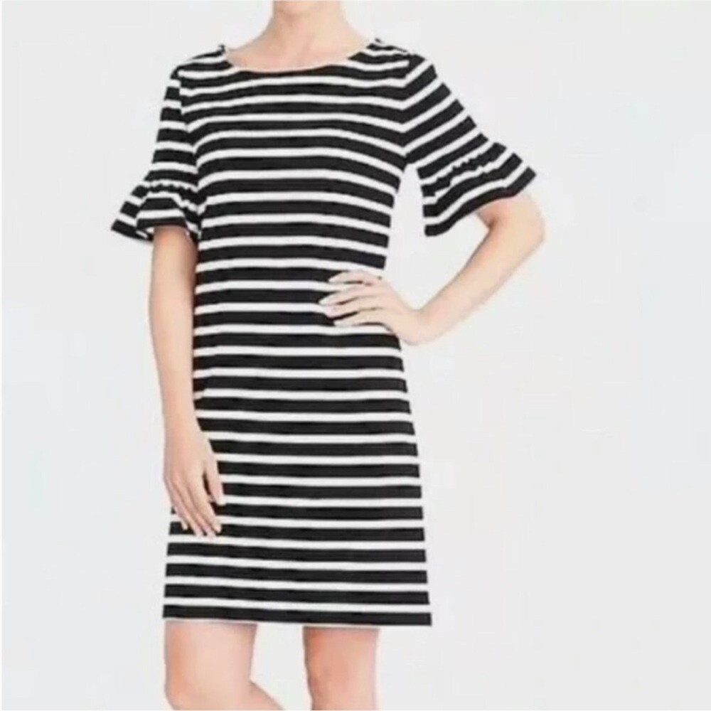 NWOT J. Crew Black/Ivory Striped Cotton Ruffle Sleeve Dress in Women's X-Large